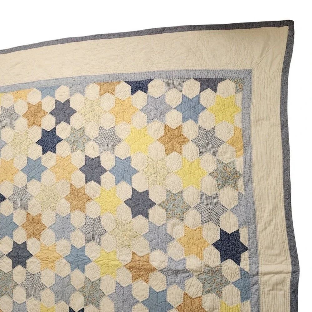 70s‎ heirloom Star patch Quilt 86x81 Handmade Cottagecore Farmhouse Blue Cream